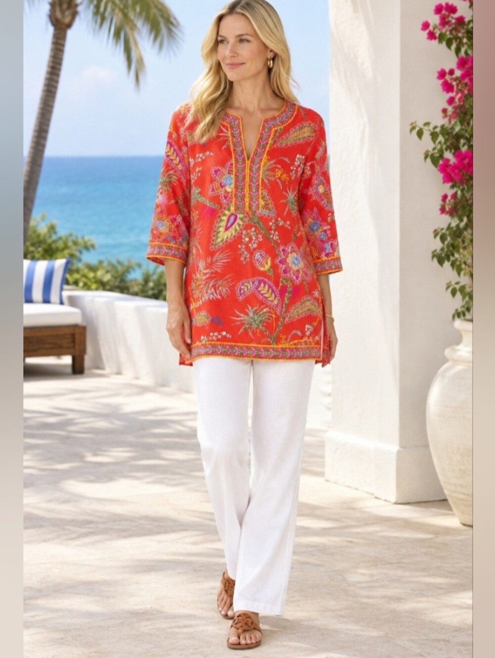 Gretchen Scott Orange Floral Cotton Tunic Blouse Top Size Large Resort